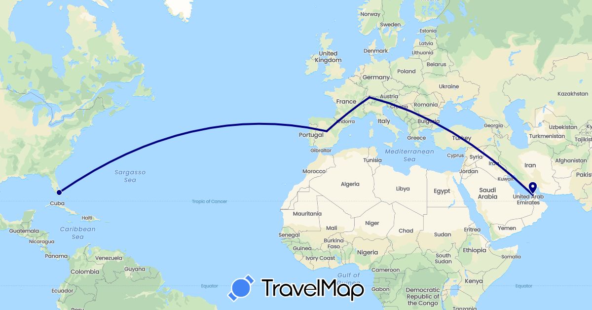 TravelMap itinerary: driving in United Arab Emirates, Switzerland, Spain, United States (Asia, Europe, North America)